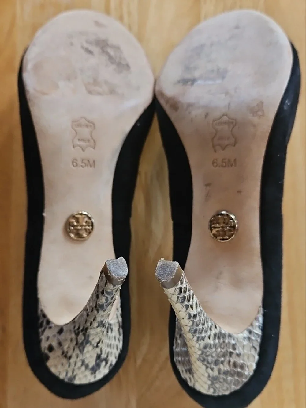 Tory Burch Black Suede Pump with Snakeskin-Print Heel